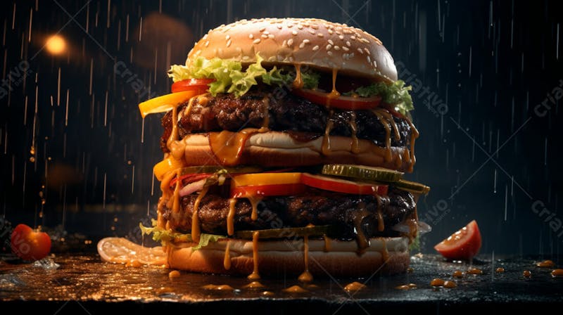Imagem de um hamburguer completo em fundo preto 7