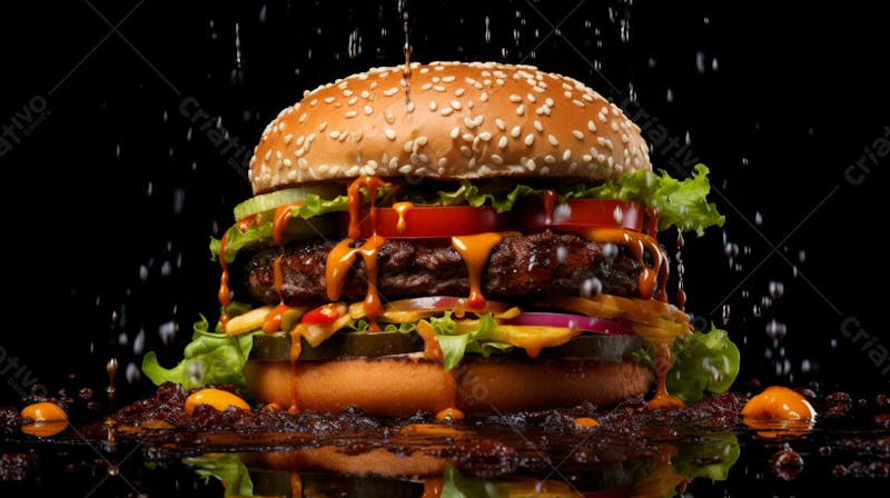 Imagem de um hamburguer completo em fundo preto 10