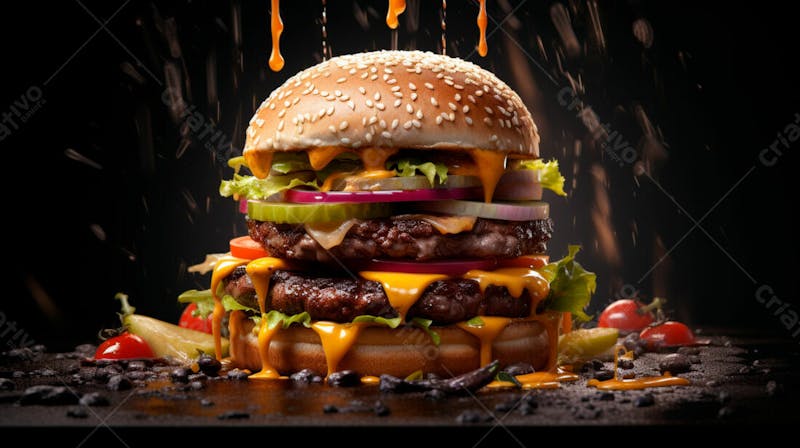 Imagem de um hamburguer completo em fundo preto 11