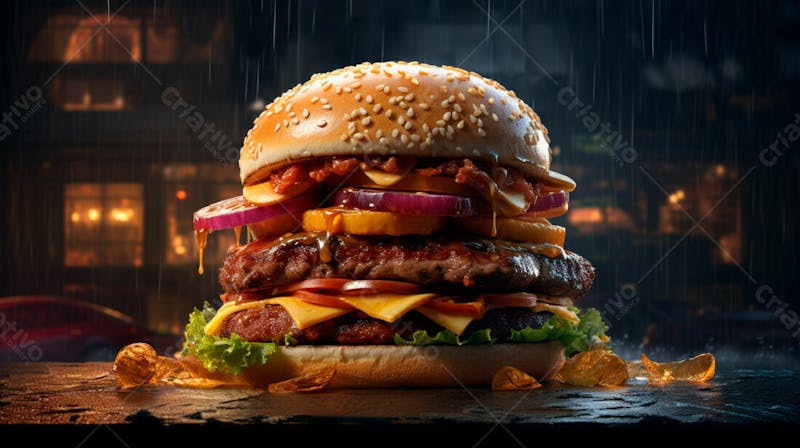 Imagem de um hamburguer completo em fundo preto 12