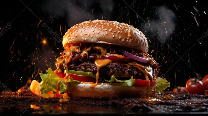 Imagem de um hamburguer completo em fundo preto 14