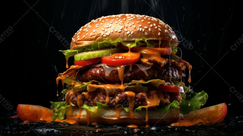 Imagem de um hamburguer completo em fundo preto 16