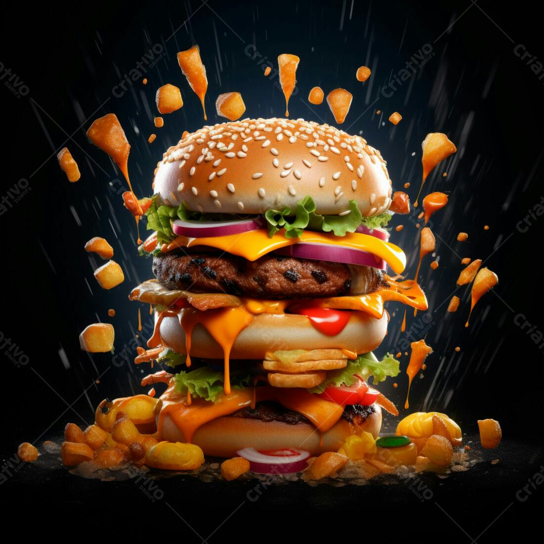 Hambúrguer Gigante com Batatas Fritas em Ação