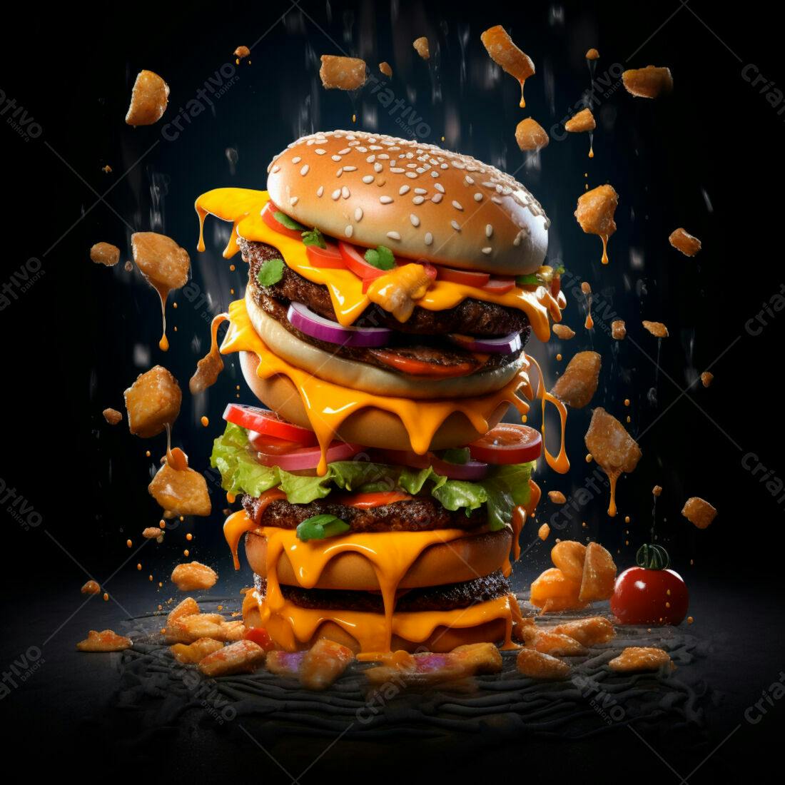 Hambúrguer Gigante com Queijo Derretido e Batatas
