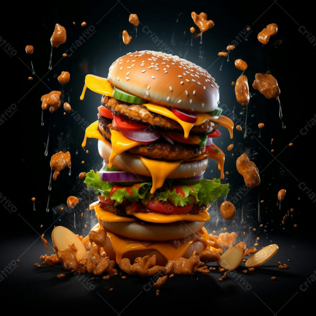 Hambúrguer gigante com queijo derretido e batatas