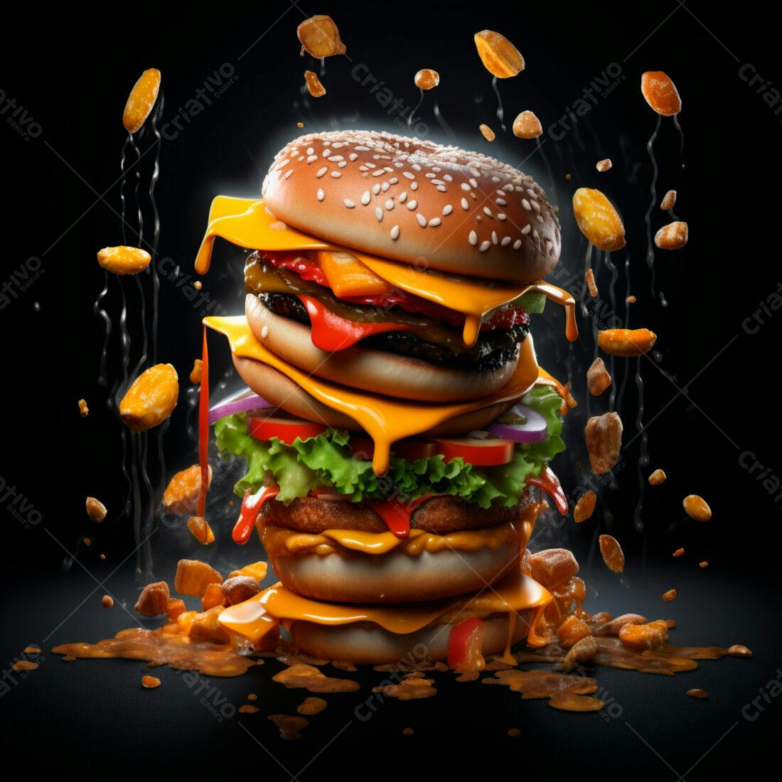 Hambúrguer gigante com batatas fritas caindo