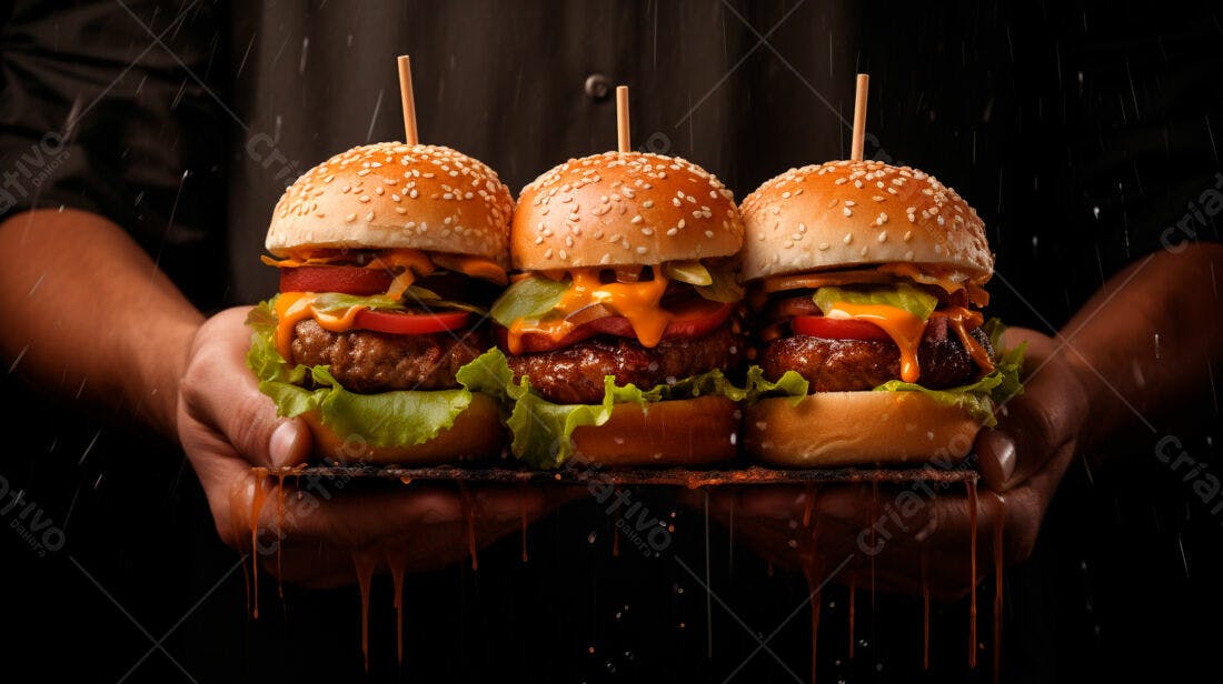 Três suculentos burgers com queijo derretido