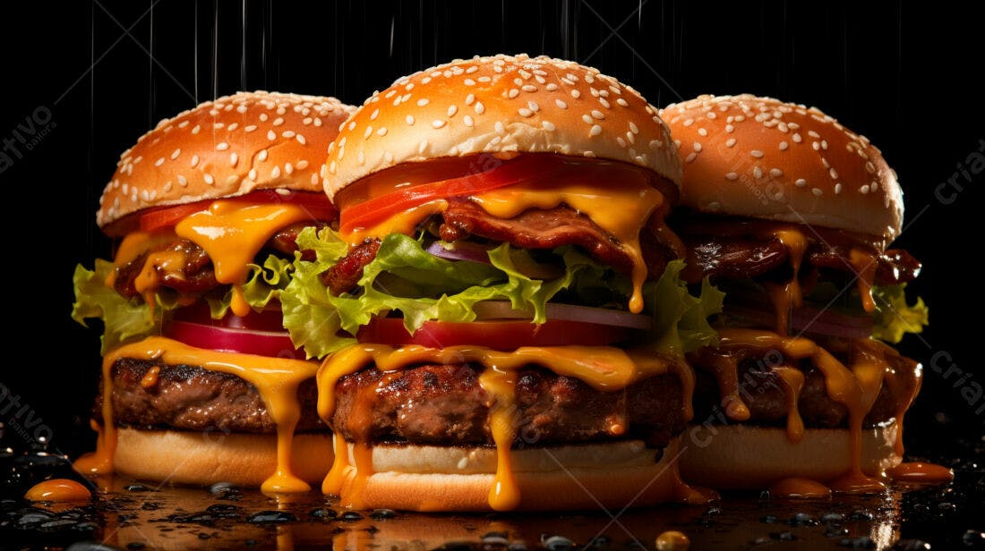 Três Cheeseburgers suculentos com queijo derretido
