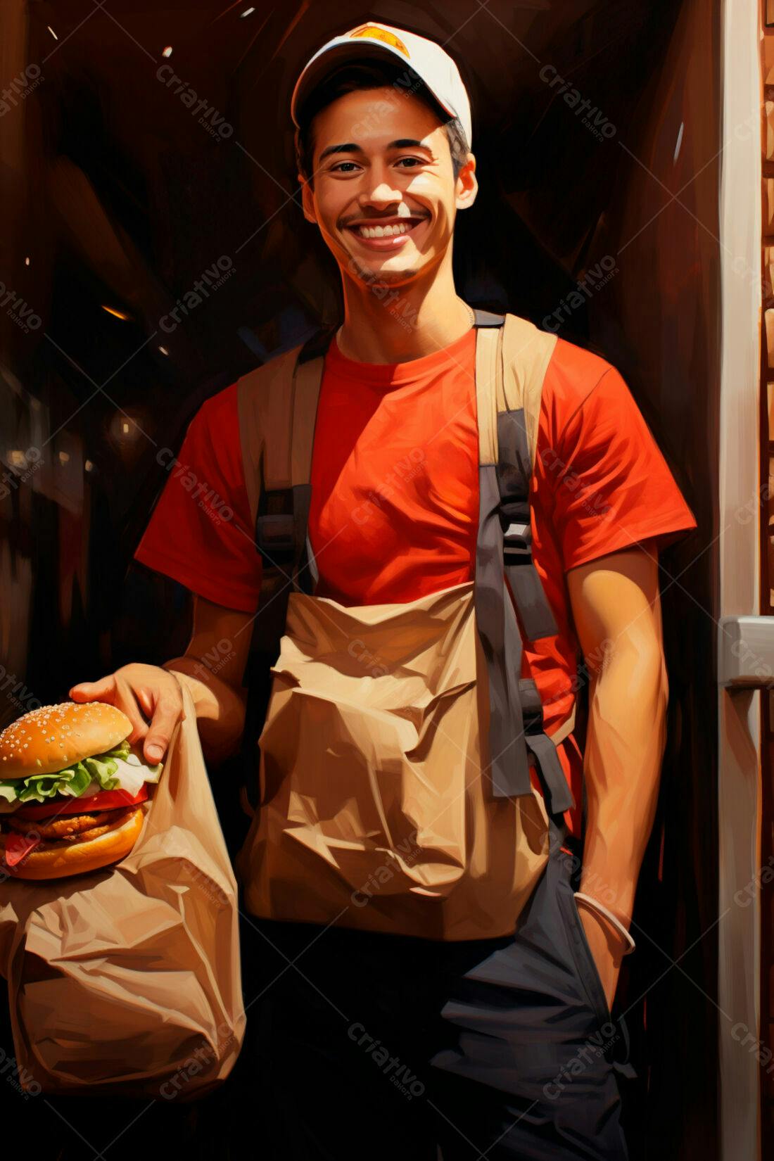 Entregador sorrindo com hambúrguer