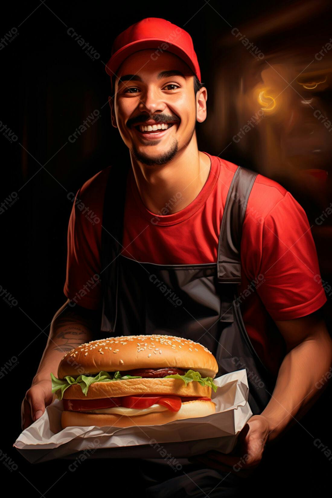 Atendente sorrindo entrega hambúrguer gigante
