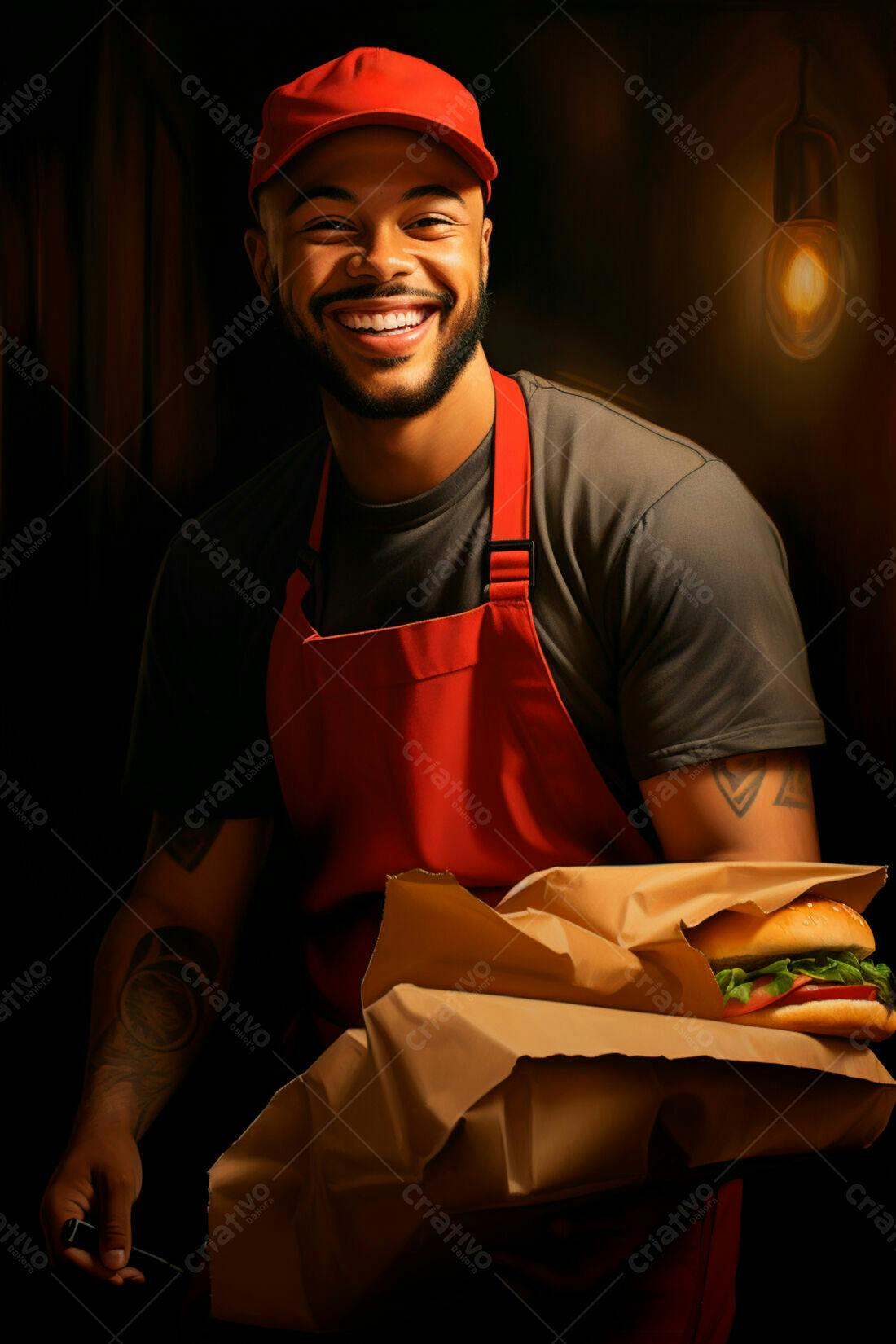 Homem Sorrindo com Hambúrguer em Embalagem