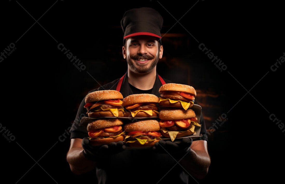Homem sorridente segurando seis hambúrgueres suculentos