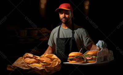 Imagem De Um Garçom De Hamburgueria Com Fundo Preto 6