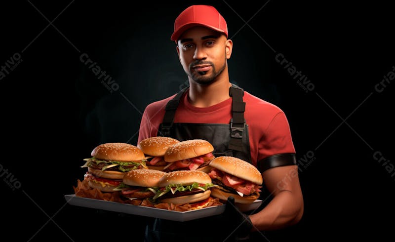 Imagem de um garçom de hamburgueria com fundo preto 8