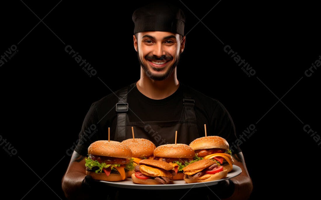 Hambúrgueres deliciosos com chef sorridente