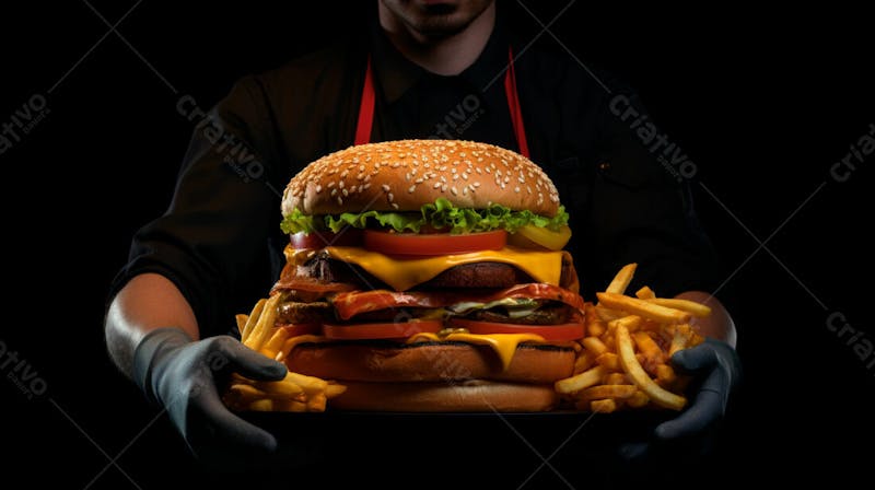 Imagem de um garçom de hamburgueria com fundo preto 13