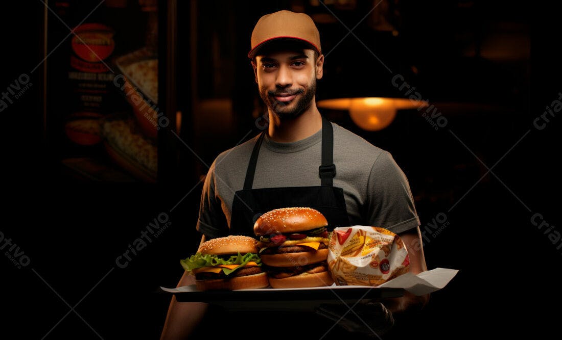 Garçom sorrindo com hambúrgueres e batata frita