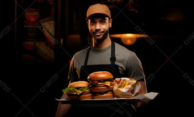 Imagem De Um Garçom De Hamburgueria Com Fundo Preto 14