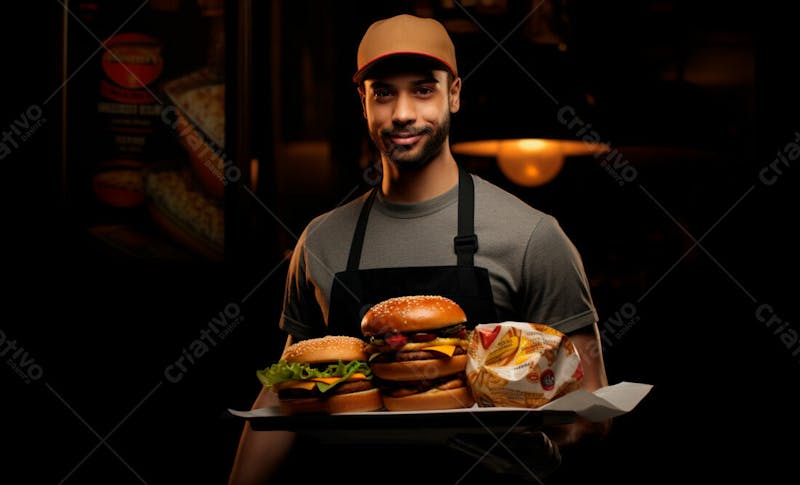 Imagem de um garçom de hamburgueria com fundo preto 14