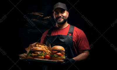 Imagem De Um Garçom De Hamburgueria Com Fundo Preto 15