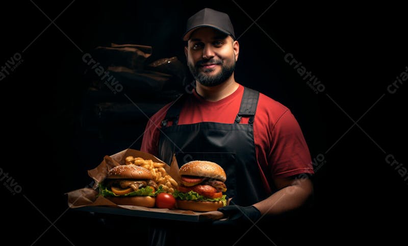 Imagem de um garçom de hamburgueria com fundo preto 15