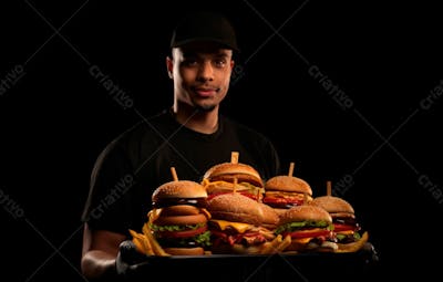 Imagem De Um Garçom De Hamburgueria Com Fundo Preto 17