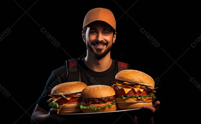 Imagem de um garçom de hamburgueria com fundo preto 18