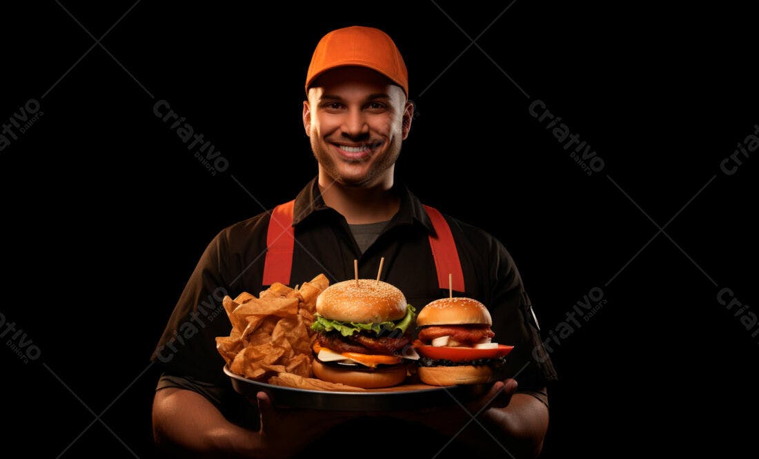 Hamburguês saboroso com fritas e sorriso