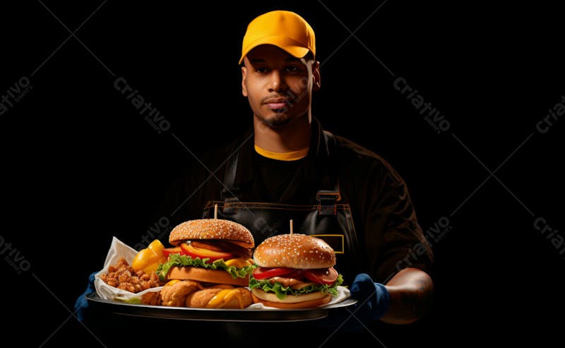 Imagem de um garçom de hamburgueria com fundo preto 23
