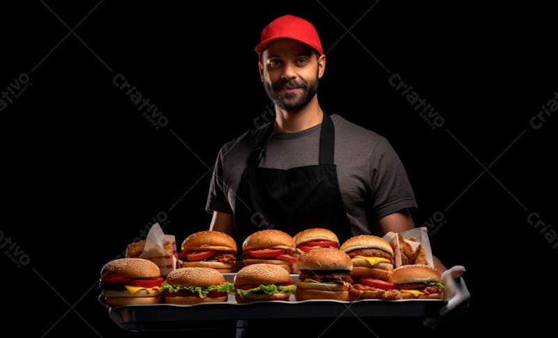 Imagem de um garçom de hamburgueria com fundo preto 24