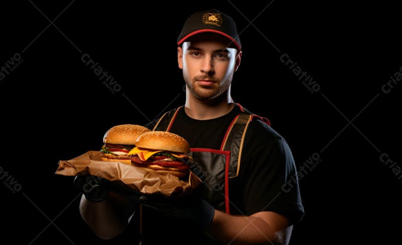 Imagem de um garçom de hamburgueria com fundo preto 27