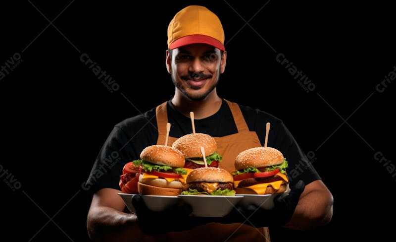 Imagem de um garçom de hamburgueria com fundo preto 28