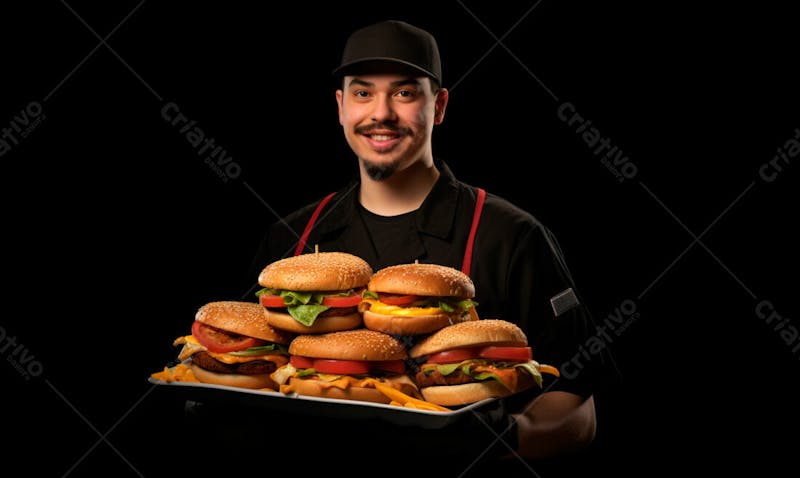 Imagem de um garçom de hamburgueria com fundo preto 29