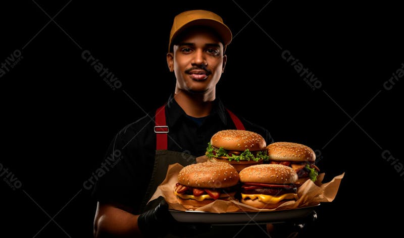Imagem de um garçom de hamburgueria com fundo preto 30