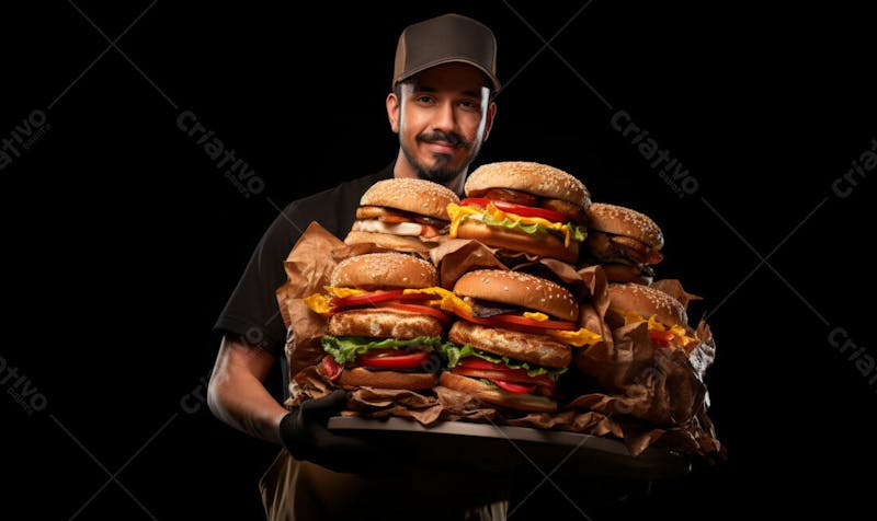 Imagem de um garçom de hamburgueria com fundo preto 32