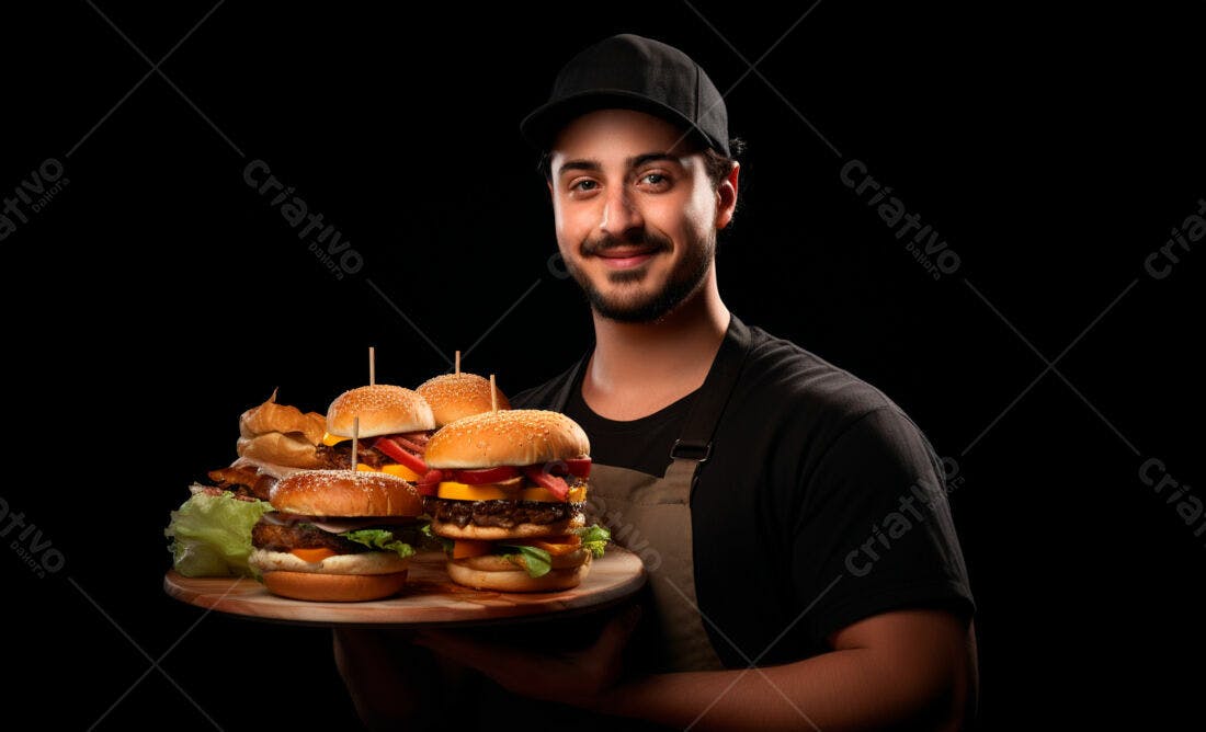 Homem sorrindo com bandeja de hambúrgueres