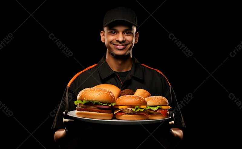 Imagem de um garçom de hamburgueria com fundo preto 34