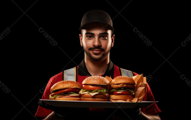 Imagem de um garçom de hamburgueria com fundo preto 35