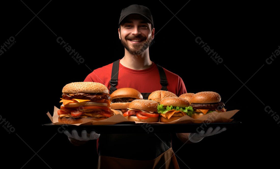 Hamburguês gigante bandeja garçom sorrindo