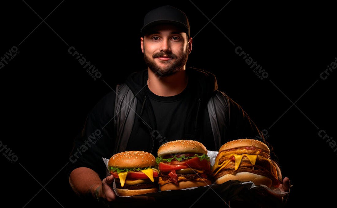 Homem com três hambúrgueres gigantes