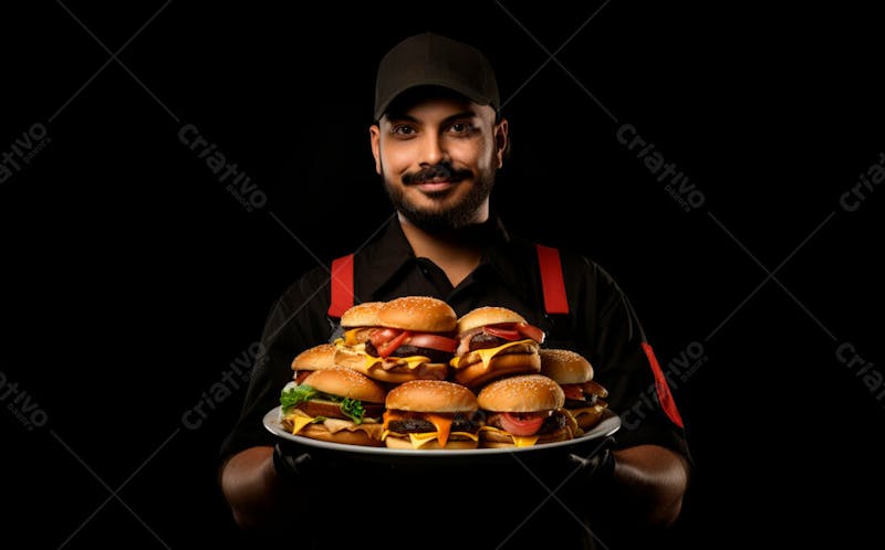 Imagem de um garçom de hamburgueria com fundo preto 38