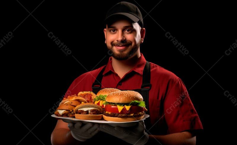 Imagem de um garçom de hamburgueria com fundo preto 39