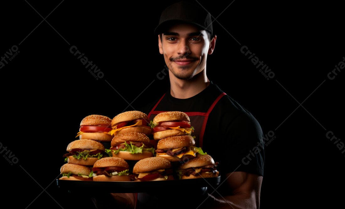 Garçom sorrindo com bandeja de hambúrgueres