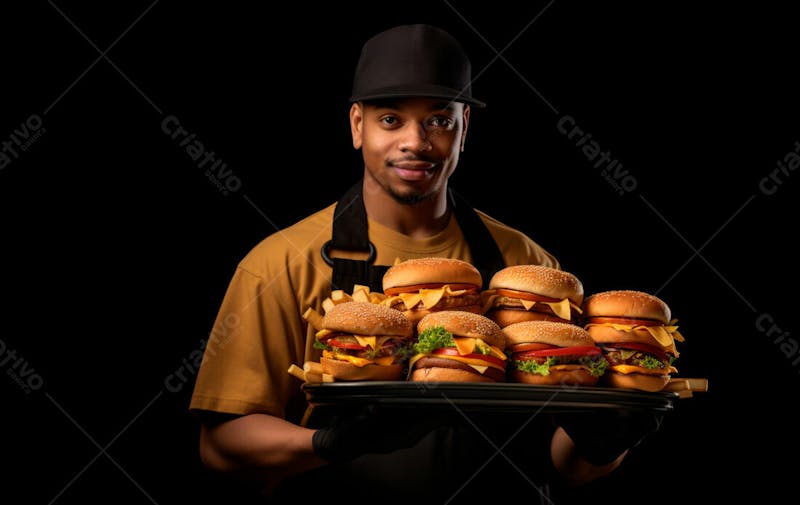 Imagem de um garçom de hamburgueria com fundo preto 41