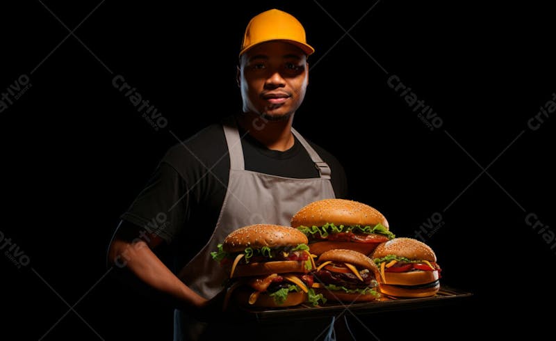 Imagem de um garçom de hamburgueria com fundo preto 42