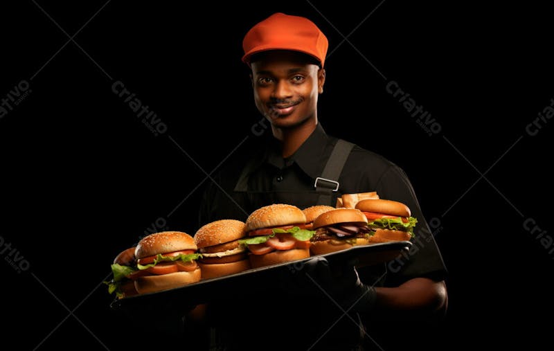 Imagem de um garçom de hamburgueria com fundo preto 43