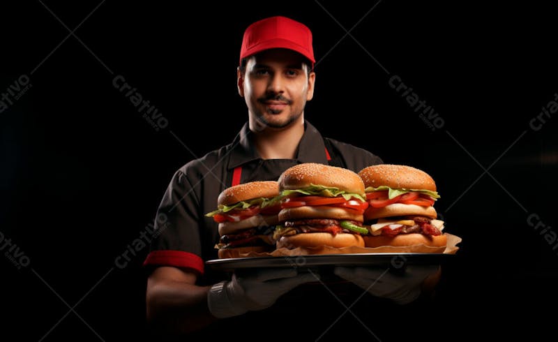 Imagem de um garçom de hamburgueria com fundo preto 45