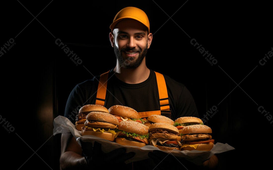 Entregador sorridente com bandeja de hambúrgueres