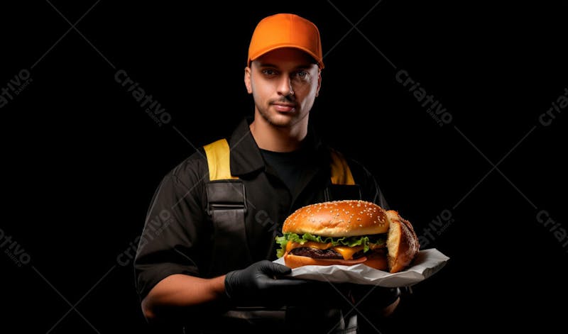 Imagem de um garçom de hamburgueria com fundo preto 47