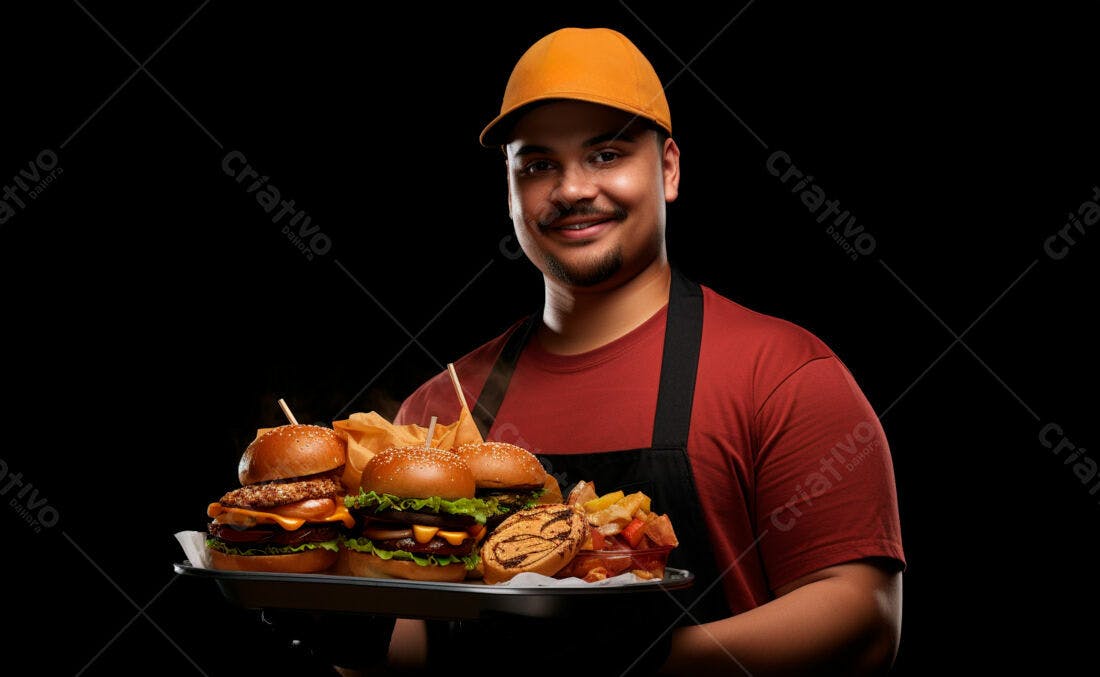 Entregador sorridente com bandeja de hambúrgueres